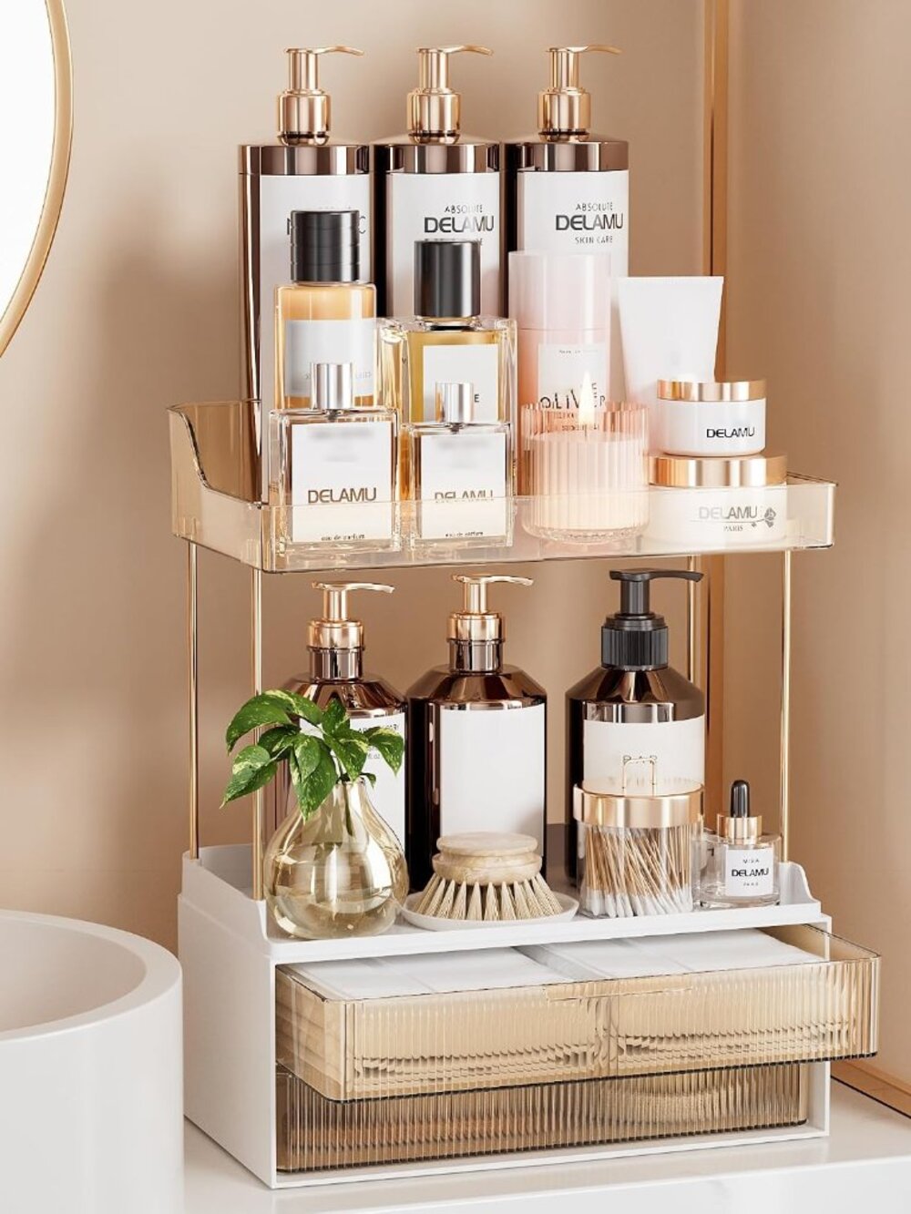 4-Tier Makeup Organizer, Bathroom Counter Storage, 2 Drawers, Amber